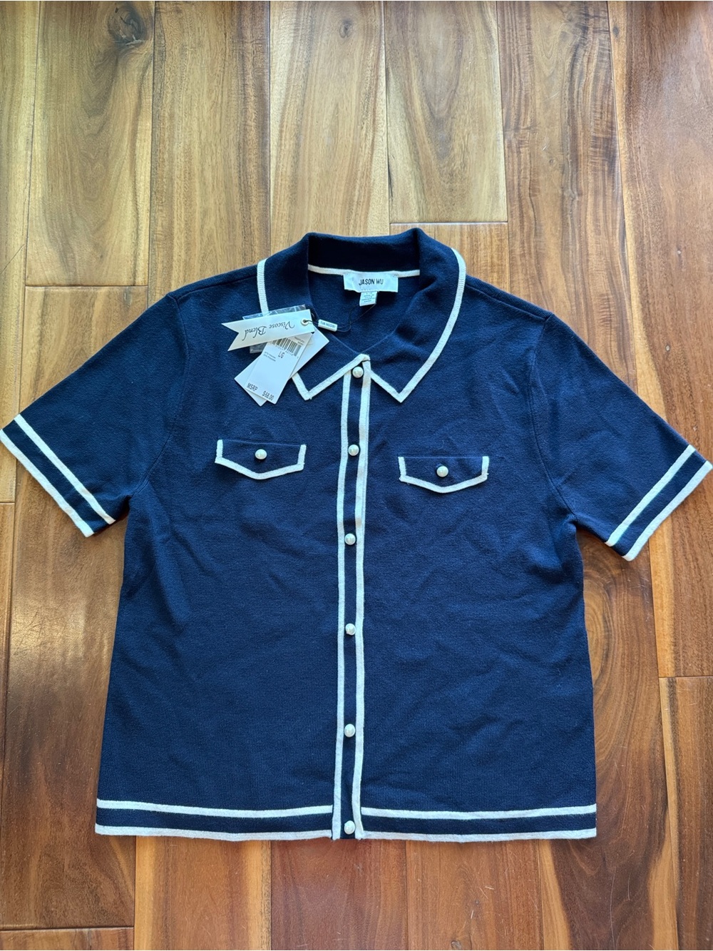 Jason Wu Navy Short-Sleeve Knit Polo with White Trim